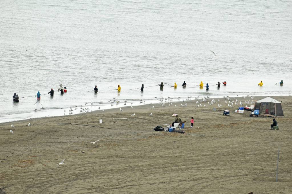 Dipnetters as seen from the Kenai bluffs on Tuesday, July 10, 1018, in Kenai, Alaska. (Photo by Erin Thompson/Peninsula Clarion)