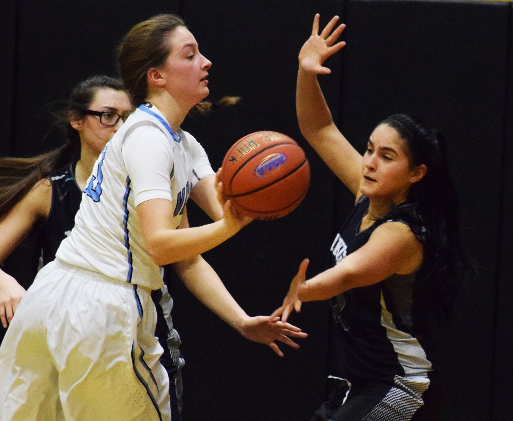Nikiski&rsquo;s Brianna Vollertsen (right) defends Valdez forward Bobbi Mott on Saturday at Nikiski High School. (Photo by Joey Klecka/Peninsula Clarion)