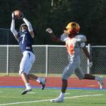 Soldotna junior Wyatt Medcoff (7) intercepts a pass intended for West Valley receiver Avery Weston, Friday at Justin Maile Field in Soldotna. (Photo by Joey Klecka/Peninsula Clarion)