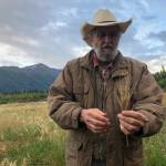 Robert Gibson of Cooper Landing holds up a piece of two-row barley, which is used best in distilliation processes, on Friday, Aug. 31, 2018, at a small barley field planted by the Kenai Peninsula Borough in a vacant gravel pit in Cooper Landing, Alaska. (Photo by Victoria Petersen/Peninsula Clarion)