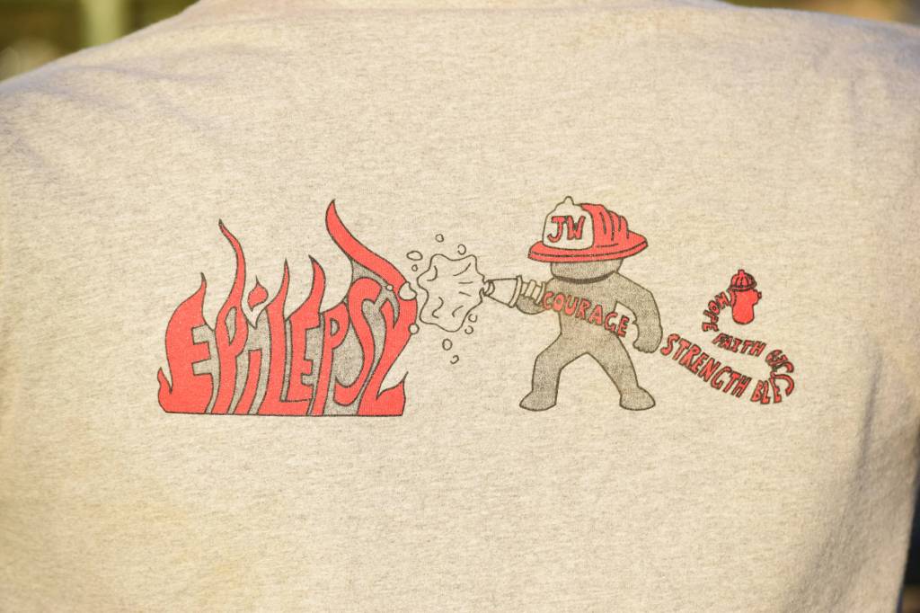 A special design adores the back of a T-shirt worn by Bradyn Holly at the 9/11 Tribute Rodeo Saturday at the Soldotna Rodeo Grounds. (Photo by Joey Klecka/Peninsula Clarion)