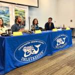 Panelists, Patti Berkhahn, Branden Bornemann, Sue Mauger and Marcus Mueller discuss all things salmon at a forum put on by Cook Inletkeeper, Thursday, Sept. 13, 2018, in Soldotna, Alaska. (Photo by Victoria Petersen/Peninsula Clarion)