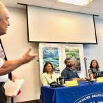 Merrill Sikorski emcees a forum, where panelists, Patti Berkhahn, Branden Bornemann, Sue Mauger and Marcus Mueller discuss all things salmon habitat at a forum put on by Cook Inletkeeper, Thursday, Sept. 13, 2018, in Soldotna, Alaska. (Photo by Victoria Petersen/Peninsula Clarion)