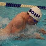 Soldotna swimmer Ethan Evans races through the boys 50-yard breaststroke Friday at the SoHi Pentathlon in the Soldotna High School pool. (Photo by Joey Klecka/Peninsula Clarion)