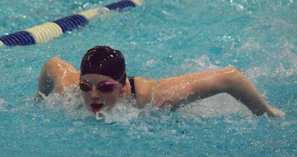 Seward freshman Lydia Jacoby races in the girls 50-yard butterfly Friday at the SoHi Pentathlon in the Soldotna High School pool. (Photo by Joey Klecka/Peninsula Clarion)