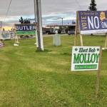 Election signs for Bob Molloy and Robert Peterkin, who are running for Kenai City Council in the Oct. 2 municipal election, stand among the many campaign signs lining the Kenai Spur Highway on Monday, Sept. 17, 2018, in Kenai, Alaska. (Photo by Victoria Petersen/Peninsula Clarion)