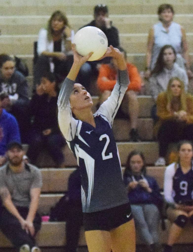 Soldotna senior Carsen Brown sets up a shot for a teammate Friday night against Anchorage Christian at the Soldotna Prep gym. (Photo by Joey Klecka/Peninsula Clarion)