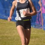 Soldotna freshman Jordan Strausbaugh runs to third place in the Division I girls race at the Region 3 meet Saturday, Sept. 22, 2018, at Tsalteshi Trails. (Photo by Jeff Helminiak/Peninsula Clarion)