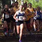 Soldotna freshman Jordan Strausbaugh (646) leads a pack of runners early in Saturdays Division I girls race at the ASAA state cross-country running championships at the Bartlett Trails in Anchorage. (Photo by Joey Klecka/Peninsula Clarion)