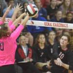 Kenai Centrals Abby Every tries to elude the block of Soldotnas Aliann Schmidt on Tuesday, Oct. 2, 2018, at Kenai Central High School. (Photo by Jeff Helminiak/Peninsula Clarion)
