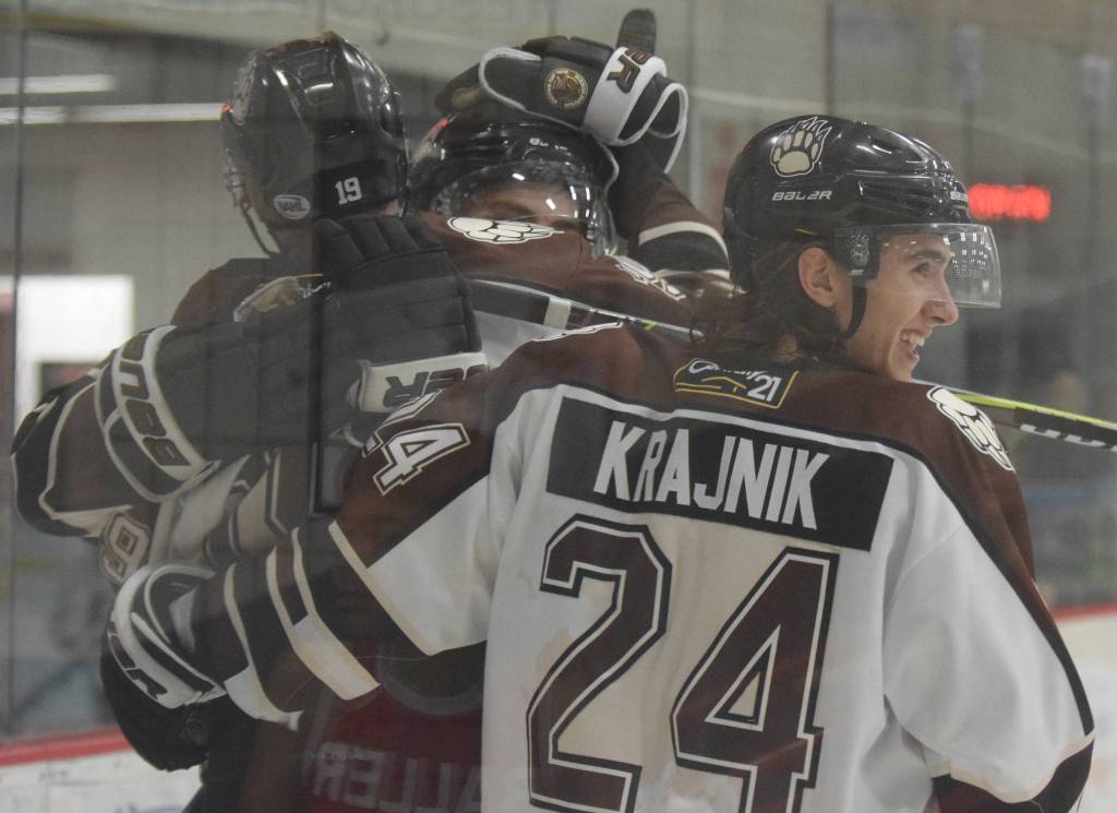 Eagle Rivers Zach Krajnik and teammates celebrate the second-period goal of Michael Spethmann against the Chippewa (Wisconsin) Steel on Friday at the Soldotna Regional Sports Complex. (Photo by Jeff Helminiak/Peninsula Clarion)