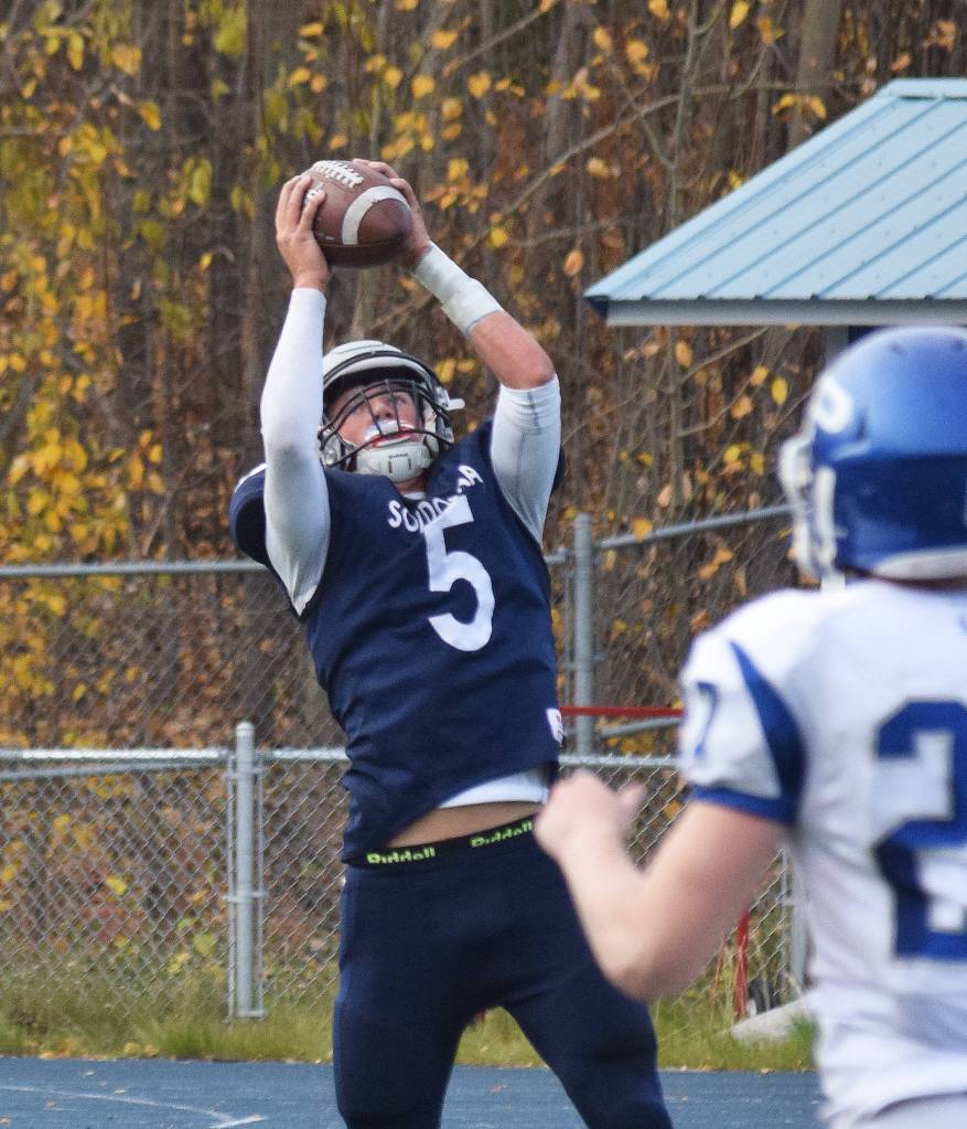 Soldotna junior Hudson Metcalf (5) catches a touchdown from QB Jersey Truesdell in the first half of a Division II state semifinal game Saturday afternoon at Palmers Machetanz Field. (Photo by Joey Klecka/Peninsula Clarion)