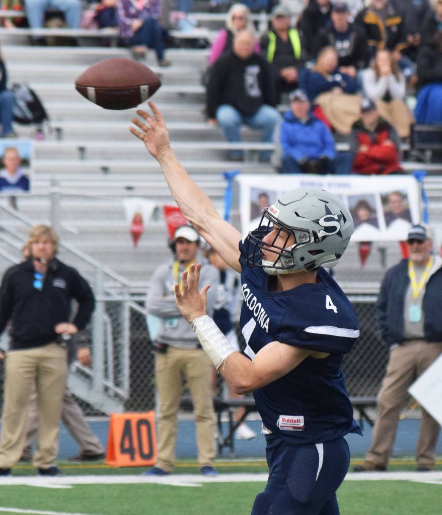 Soldotna junior QB Jersey Truesdell unleashes a pass against the Palmer Moose in a Division II state semifinal game Saturday afternoon at Palmers Machetanz Field. (Photo by Joey Klecka/Peninsula Clarion)