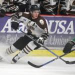 Kenai River Brown Bears forward Michael Spethmann looks to make a play as he enters the zone Friday, Oct. 5, 2018, against the Chippewa (Wisconsin) Steel at the Soldotna Regional Sports Complex. (Photo by Jeff Helminiak/Peninsula Clarion)