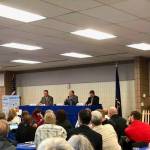 Gubernatorial candidates Mike Dunleavy, Gov. Bill Walker and Mark Begich discuss issues at the joint chamber luncheon on Wednesday in Soldotna. (Photo by Victoria Petersen/Peninsula Clarion)