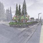An artists rendering of beautification possibilities along the Sterling Highway. The illustration is meant to show how the adjacent private property can be tied to the streetscape by wrapping the retaining wall along the driveway, adding a hedge and accenting the entrance with trees. (City of Soldotna photo)