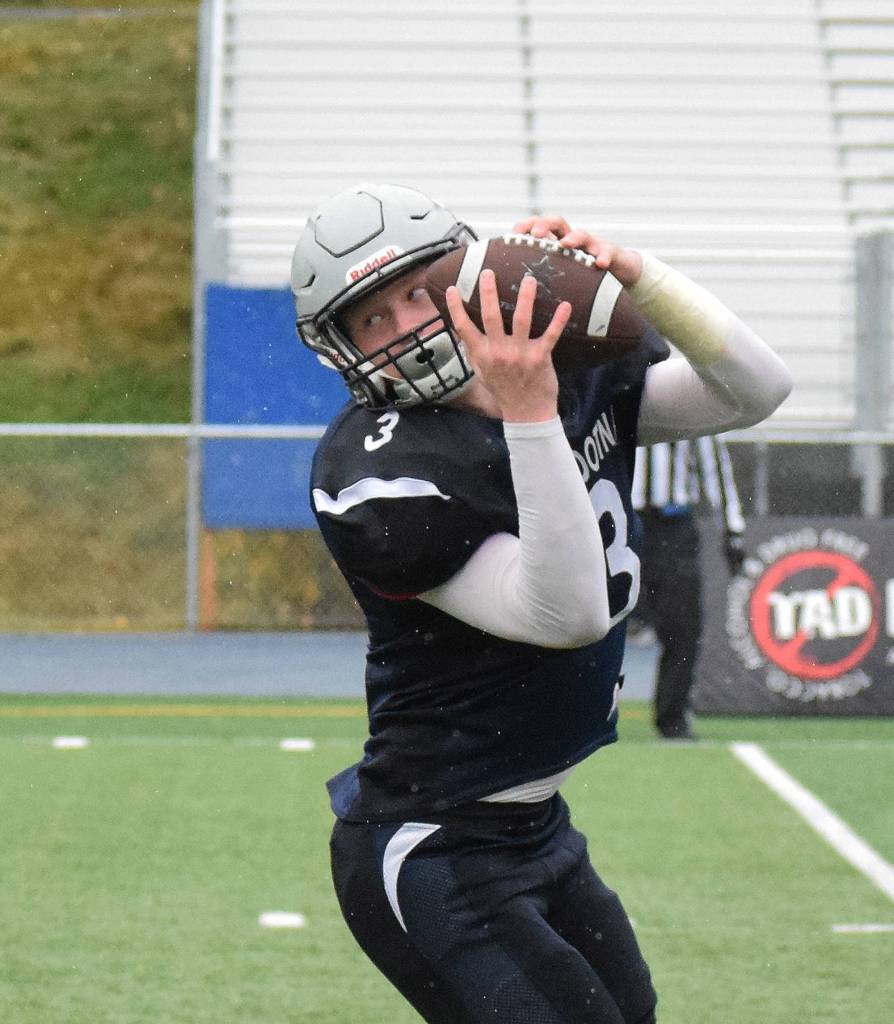 Soldotna junior Galen Brantley III grabs a pass Saturday against Eagle River in the Division II state football championship game at Machetanz Field in Palmer. (Photo by Joey Klecka/Peninsula Clarion)