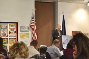 Kenai Peninsula Borough School District Superintendent Sean Dusek gives a district update at Wednesdays joint chamber luncheon, on Oct. 17, 2018, in Kenai, AK. (Photo by Victoria Petersen/Peninsula Clarion)