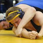 Soldotnas Sean Babitt controls Homers Ryan Hicks during their 171-pound weight class bout Friday, Oct. 19, 2018 at Homer High School in Homer, Alaska. Babitt went on to win the encounter. (Photo by Megan Pacer/Homer News)