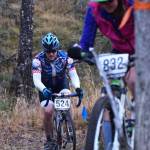 Kenai rider Will Morrow (524) chases after Tasha DiMarzio in the Polar Vortex Cyclocross race Saturday at the Tsalteshi Trails in Soldotna. (Photo by Joey Klecka/Peninsula Clarion)