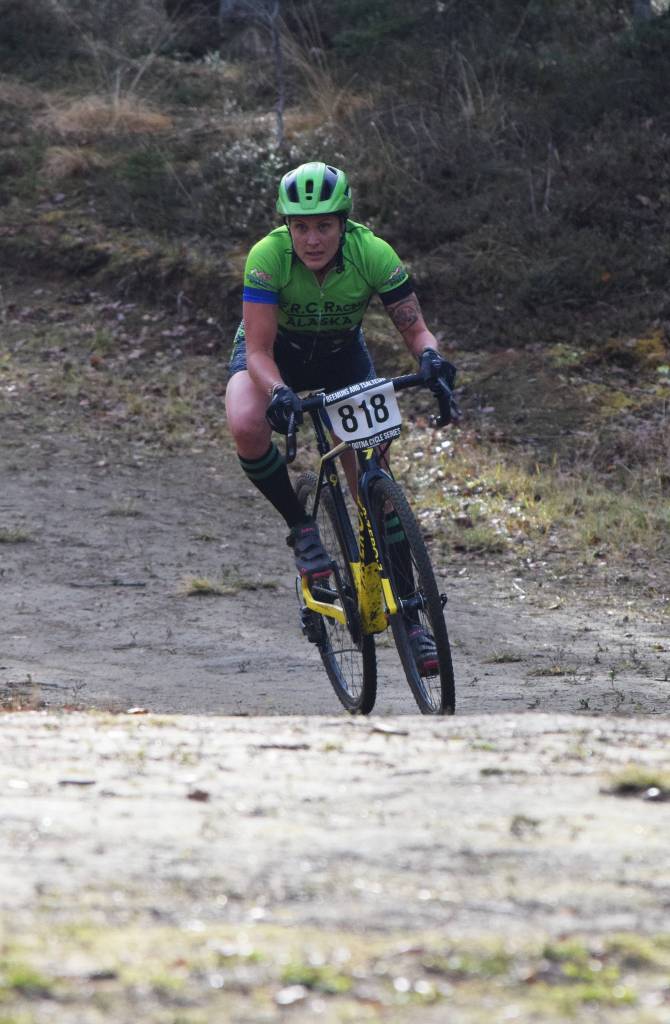 Anchorages Amber Stull leads early in the Polar Vortex Cyclocross race Saturday at the Tsalteshi Trails in Soldotna. (Photo by Joey Klecka/Peninsula Clarion)