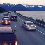 Cars are lined up in traffic on the Seward Highway along the Turnagain Arm in this July 3, 2015 file photo. (Megan Pacer/Peninsula Clarion)