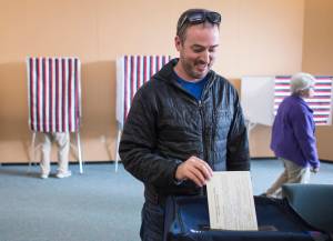 Trenton English takes advantage of early voting in the municipal election at the Mendenhall Mall Annex on Monday, Sept. 17, 2018. Early voting is available there from 11 a.m. to 6 p.m. Monday-Friday. Voters can also vote at City Hall 8 a.m. to 4:30 p.m. Monday-Friday. (Michael Penn | Juneau Empire)