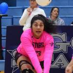 Soldotna junior Ituau Tuisaula works for a dig Thursday night against Kenai Central at Soldotna High School. (Photo by Joey Klecka/Peninsula Clarion)