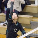 Nikiskis Tika Zimmerman attacks against Homer on Saturday, Oct. 27, 2018, at Nikiski High School. (Photo by Jeff Helminiak/Peninsula Clarion)