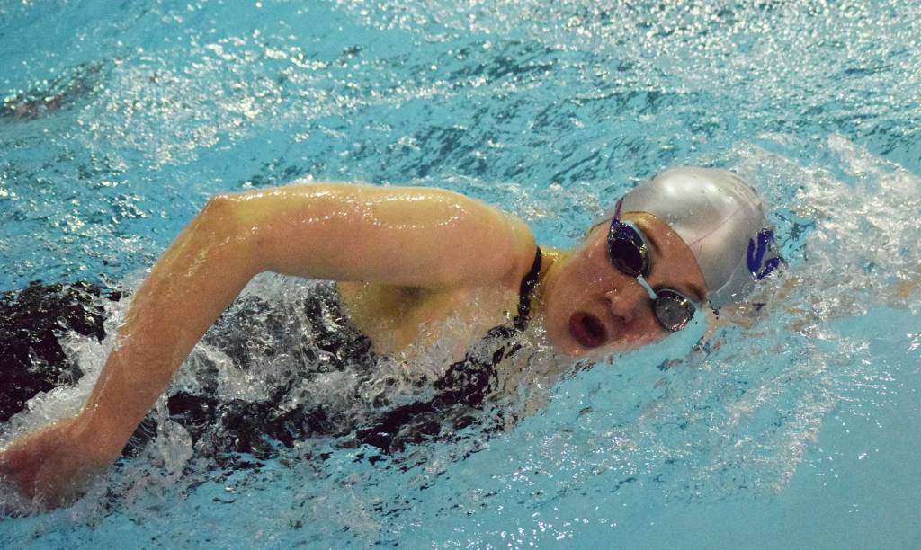 Soldotnas Sydney Erickson races in the girls 500-yard freestyle final Saturday at the Northern Lights Conference championship swim meet at Homer High School. (Photo by Joey Klecka/Peninsula Clarion)
