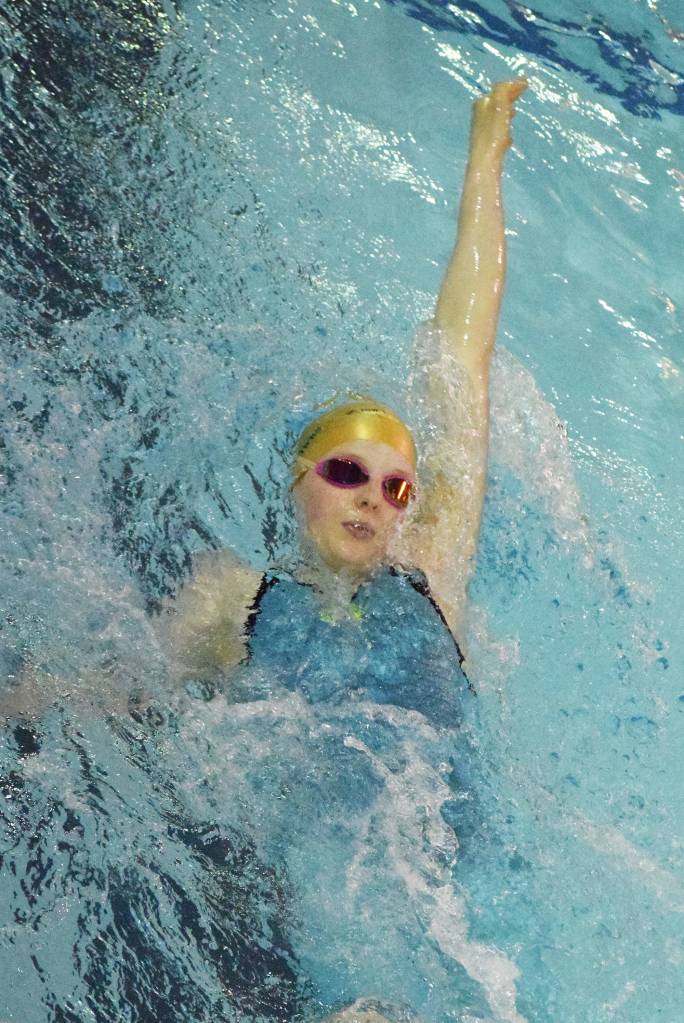 Sewards Lydia Jacoby races in the girls 200-yard IM final Saturday at the Northern Lights Conference championship swim meet at Homer High School. (Photo by Joey Klecka/Peninsula Clarion)