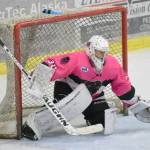 Kenai River Brown Bears goalie Dennis Westergard makes a save against the Janesville (Wisconsin) Jets on Friday, Oct. 12, 2018, at the Soldotna Regional Sports Complex. (Photo by Jeff Helminiak/Peninsula Clarion)