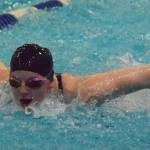 Seward freshman Lydia Jacoby races in the girls 50-yard butterfly Sept. 14, at the SoHi Pentathlon in the Soldotna High School pool. (Photo by Joey Klecka/Peninsula Clarion)