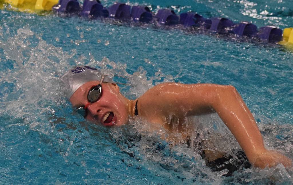 Soldotnas Sydney Juliussen takes on the girls 100-yard freestyle final Saturday at the 2018 ASAA swimming and diving state championships at Bartlett High School. (Photo by Joey Klecka/Peninsula Clarion)