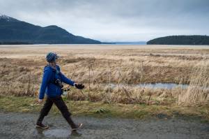 Laurie Lamm takes an exercise break on her lunch hour along the Airport Dike Trail on Thursday. (Michael Penn | Juneau Empire)