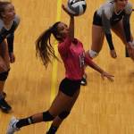 Soldotna libero Holleigh Jaime lifts a ball toward the Colony net Friday afternoon at the Class 4A state volleyball tournament at the Alaska Airlines Center. (Photo by Joey Klecka/Peninsula Clarion)