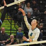 Nikiskis Kaitlyn Johnson directs the ball to Valdezs court Saturday in the Class 3A state volleyball championship final against Valdez at the Alaska Airlines Center. (Photo by Joey Klecka/Peninsula Clarion)