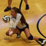 Nikiskis Kaitlyn Johnson dives for a dig Saturday in the Class 3A state volleyball championship final against Valdez at the Alaska Airlines Center. (Photo by Joey Klecka/Peninsula Clarion)