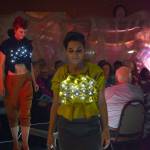 Mandy Bernard, left, models her Soft Sculpture, Blue and Rebekah Tufares, right, models Bernards Soft Sculpture, Chatruese at the 2018 Wearable Arts on Nov. 17, 2018, in Homer, Alaska. (Photo by Michael Armstrong/Homer News)