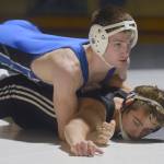 Soldotnas Brayde Wolfe controls Nikiskis Mason Payne at 145 pounds on the way to a pin Tuesday, Nov. 20, 2018, at Nikiski High School. (Photo by Jeff Helminiak/Peninsula Clarion)