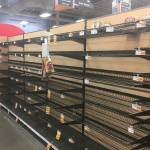 Empty shelves where bread is normally located are shown at a grocery store in Anchorage on Sunday, two days after a magnitude 7.0 earthquake was centered about 7 miles north of the city. Anchorage officials urged residents not to stock up and hoard supplies because the supply chain of goods was not interrupted. (AP Photo/Mark Thiessen)