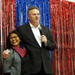 In this Nov. 4, 2018 file photo, Alaska Republican gubernatorial candidate Mike Dunleavy stands with his wife, Rose, on stage during a GOP rally in Anchorage, Alaska. Alaska Gov.-elect Mike Dunleavy takes office Monday, Dec. 3, days after a magnitude 7.0 earthquake rocked heavily-populated south-central Alaska. (AP Photo/Becky Bohrer, File)