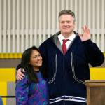 Alaska Gov. Mike Dunleavy poses with first lady Rose Dunleavy after he was sworn into office Monday, Dec. 3, 2018, in Kotzebue, Alaska. He had originally planned the ceremony in her hometown of Noorvik, Alaska, but poor weather prevented his plane from landing there and the ceremony was moved to Kotzebue.(Stanley Wright/Alaska Governors Office via AP)