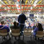 Alaska Gov. Mike Dunleavy addresses the audience in the school gym in Kotzebue, Alaska, after he was sworn into office Monday, Dec. 3, 2018. He had originally planned the ceremony in his wifes hometown of Noorvik, Alaska, but poor weather prevented his plane from landing there and the ceremony was moved to Kotzebue.(Stanley Wright/Alaska Governors Office via AP)