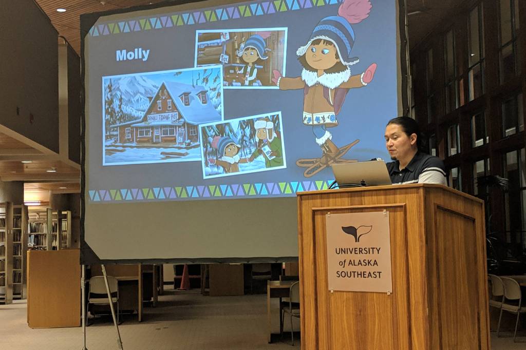 University of Alaska Southeast professor <span style="text-decoration: underline;">X</span>unei Lance Twitchell filled in for the Evening at Egan presentation about Molly of Denali Friday, Nov. 30. Twitchell has had a hand in the program expected to premiere in the summer of 2019 as a consultant and writer. (Ben Hohenstatt | Capital City Weekly)
