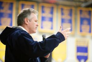 Gov. Mike Dunleavy speaks to the crowd in Noorvik after being sworn in earlier on Dec. 3 in Kotzebue. (Photo/Stanley Wright/Office of the Governor)