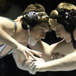 Colony senior Levi Hopkins battles Soldotna senior Brennan Werner early in the 189-pound title match of the Northern Lights Conference meet Saturday at Palmer High. (Photo by Jeremiah Bartz/Frontiersman)
