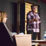 Donna Shirnberg (right) rehearses Tuesday with Hannah Tauriainen in preparation for Inspecting Carol Tuesday at the Triumvirate North Theatre in Kenai. (Photo by Joey Klecka/Peninsula Clarion)