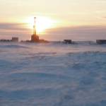 The Kuukpik 5 rig is seen at sunset while drilling the ConocoPhillips Putu well south of Nuiqsut in mid-February 2018. (Photo/Judy Patrick/ConocoPhillips)