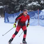 Kenai senior Maria Salzetti approaches the finish line of the girls race during a Homer-hosted ski meet Friday, Dec. 14, 2018 at the Ohlson Mountain Trails near Homer, Alaska. Salzetti came in second for the varsity girls. (Photo by Megan Pacer/Homer News)